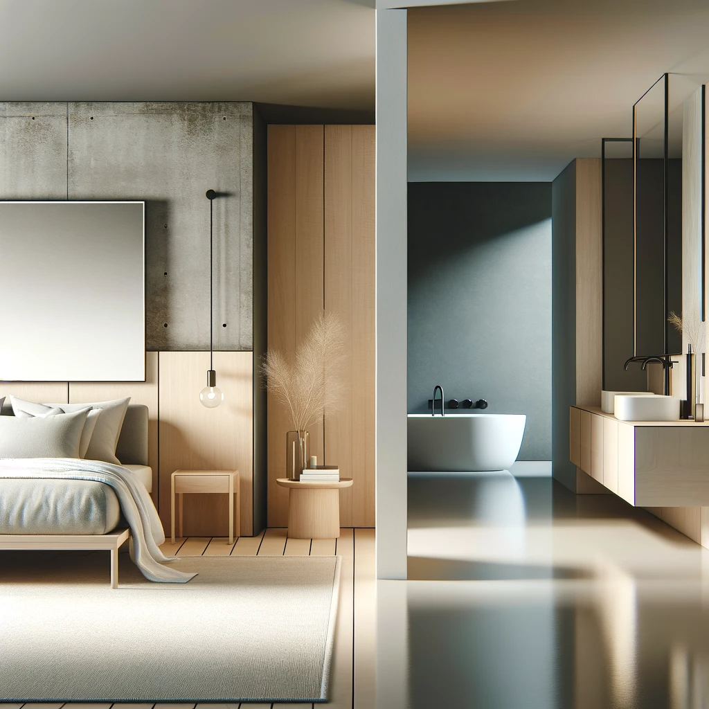 Stilvolle Inneneinrichtung mit minimalistischem Schlafzimmer und modernem Badezimmer, betont durch schlichte Möbel und neutrale Farbtöne